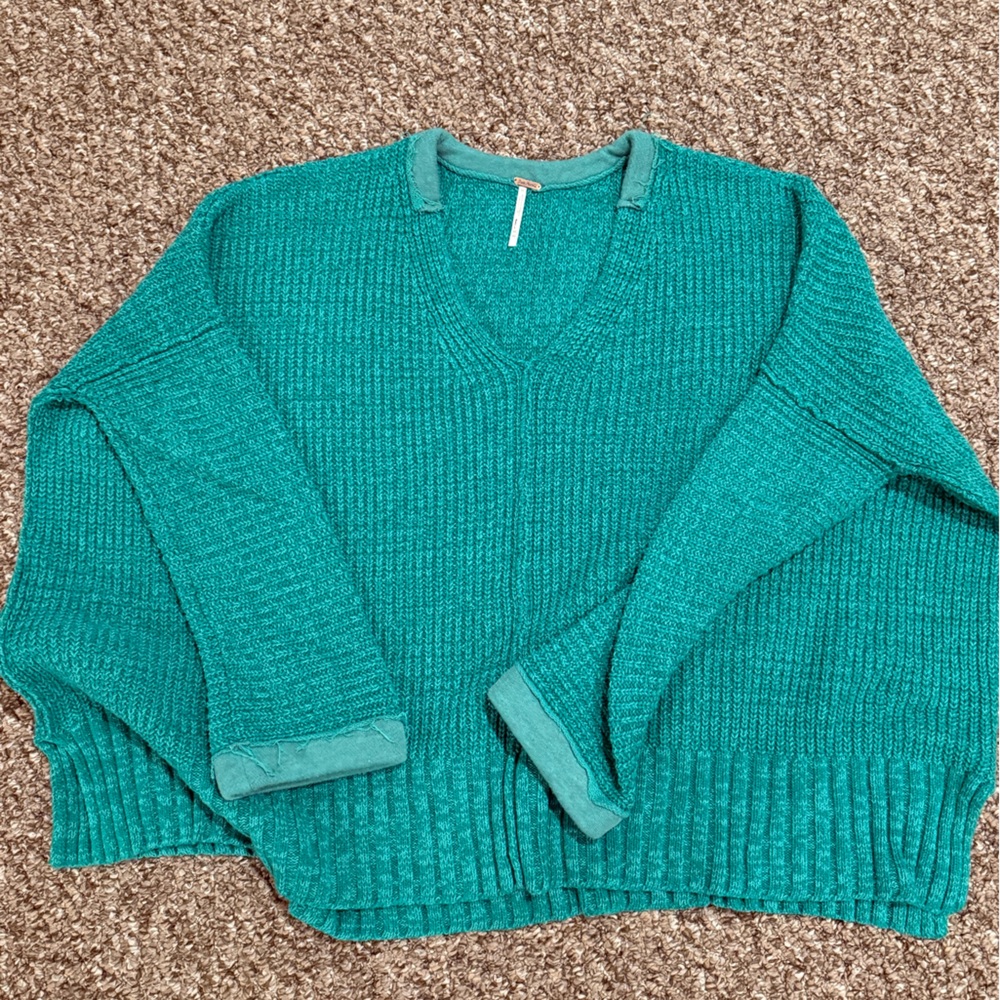 Women's Teal V-Neck Knit Sweater